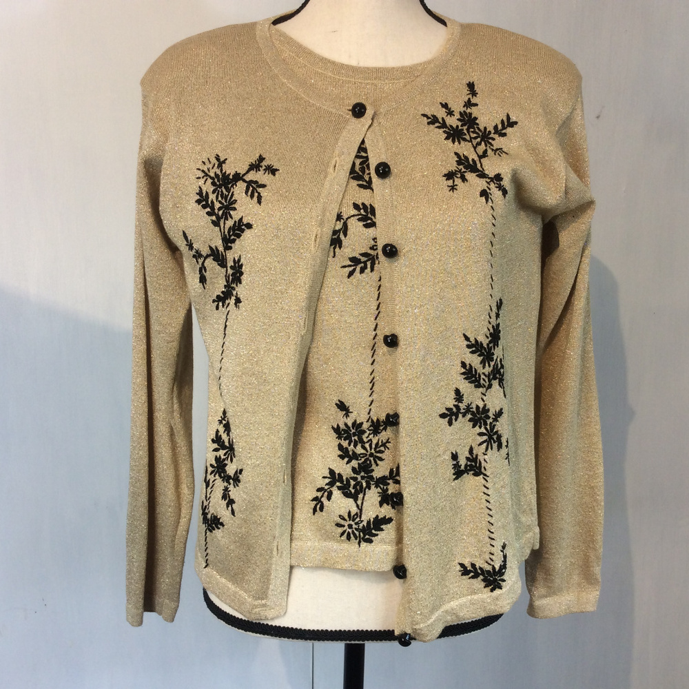 2pc Metallic Gold Sweater Set BLack Embroidery S